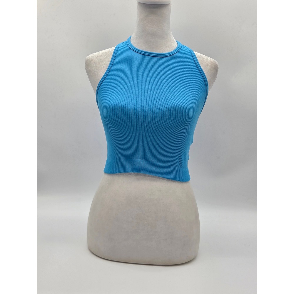 Zenana Women's L/XL Blue Ribbed Racerback Cropped Tank Top 101-486